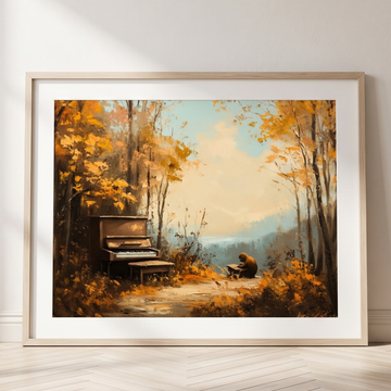 Cute Monkey Piano Wall Art Woods Oil Painting Whimsical Nature Scene. High Resolution Digital Download 300 DPI.