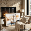 Ship watercolor above a fireplace