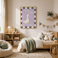 Lavender gingham goose print above a kids table with bunting