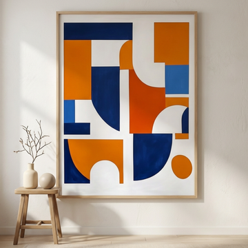 Vibrant Simplicity, Abstract Orange, White, and Blue Shapes on White Canvas. High Resolution Digital Download 300 DPI