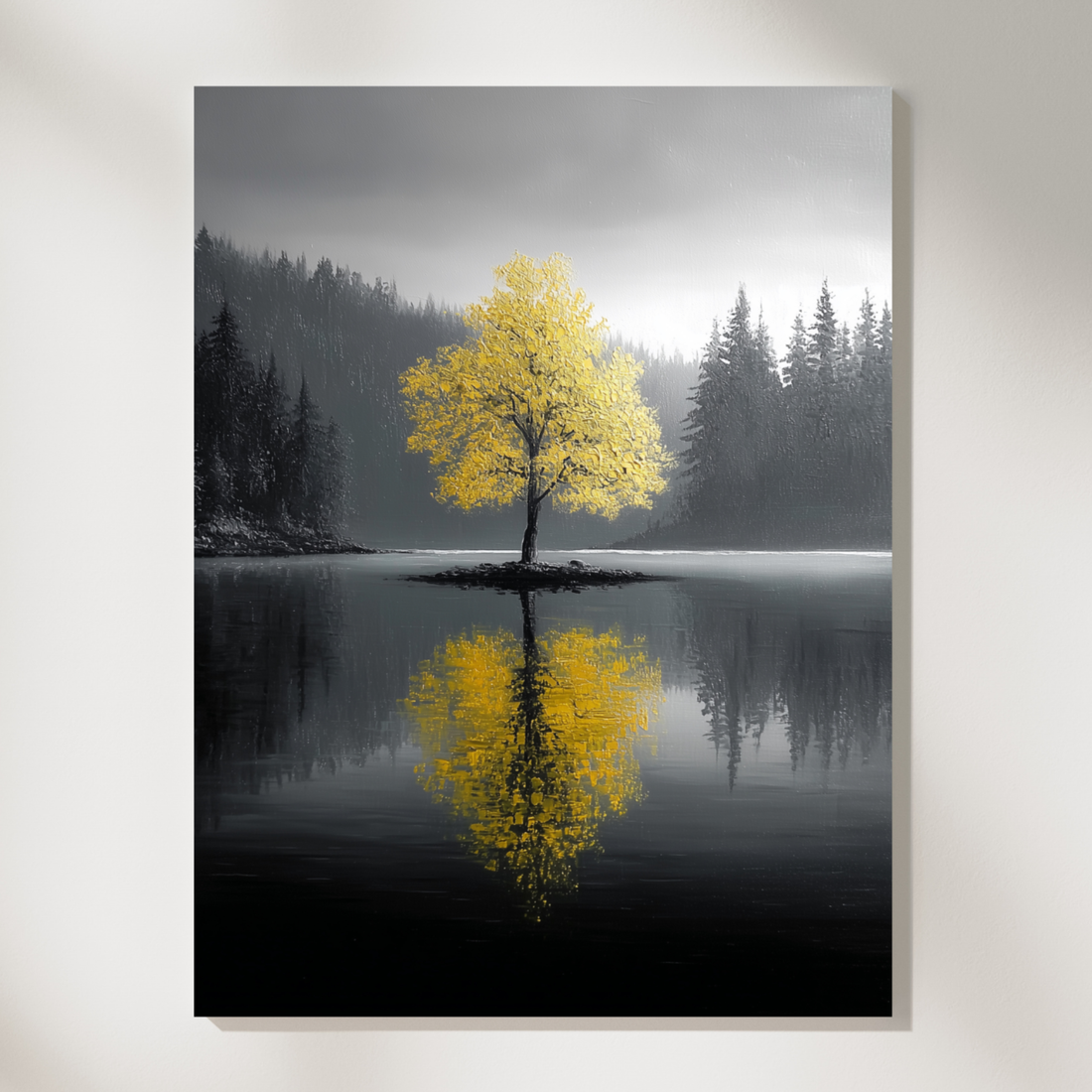 Minimalist Oil Painting Tree in Lake Black and White Reflection Art. High Resolution Digital Download 300 DPI.