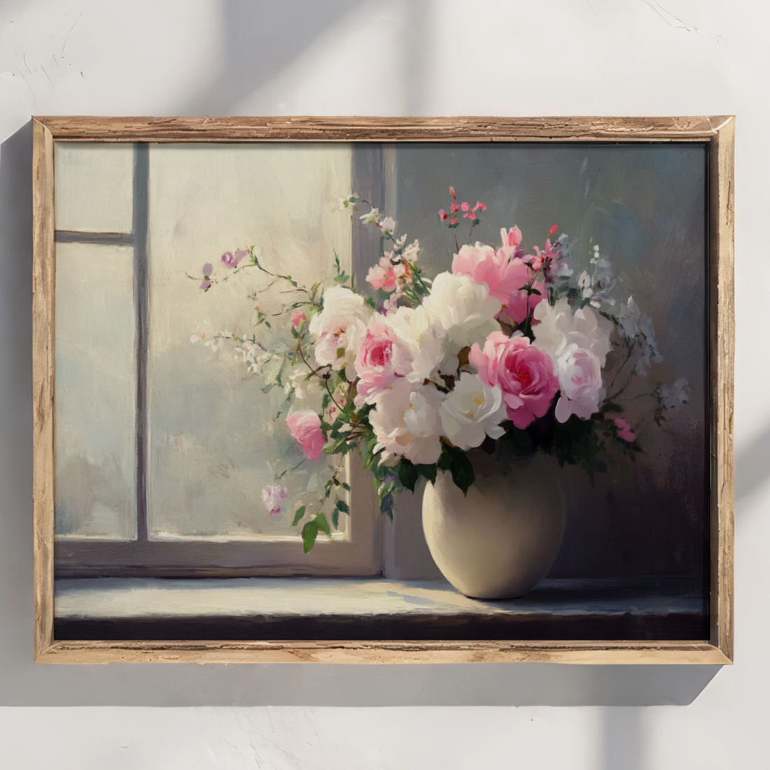 Soft Floral Elegance, Pink and White Roses Illuminated by Gentle Window Light. High Resolution Digital Download 300 DPI