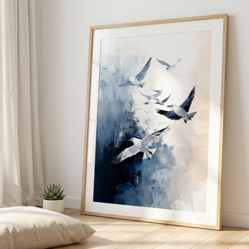 Dynamic Flight, Oil Painting of White Seagulls Against a Dark, Colorful Background. High Resolution Digital Download 300 DPI