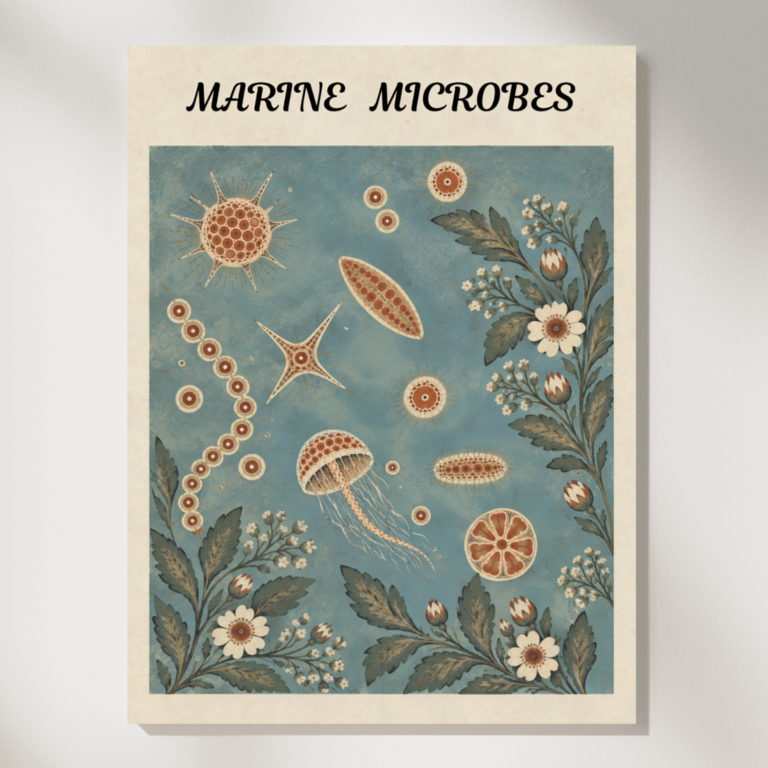 Vintage coastal natural history print of sea life and marine plants in a pattern on a soft blue background with a title