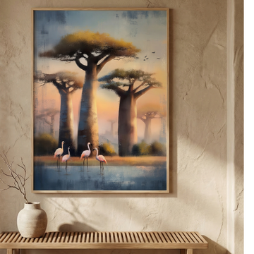 Vibrant Baobab Landscape with Flamingo Birds Watercolor Nature Wall Art. High Resolution Digital Download 300 DPI.