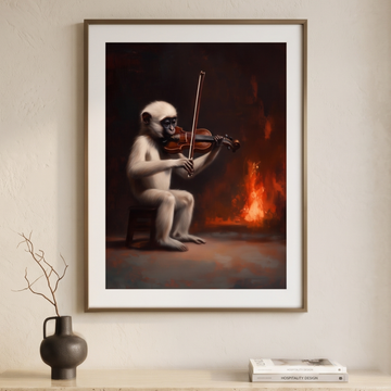Dramatic Monkey Violin Wall Art Moria Flames Cinematic Oil Painting. High Resolution Digital Download 300 DPI.