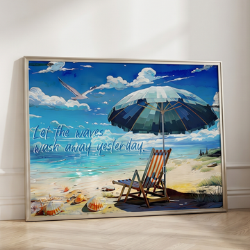 Coastal Beach Scene Painting with Relaxing Umbrella Chair and Inspiring Quote. High Resolution Digital Download 300 DPI.