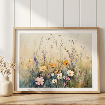 Soft Summer Morning, Delicate Watercolor Landscape of Gentle Field and Wildflowers. High Resolution Digital Download 300 DPI
