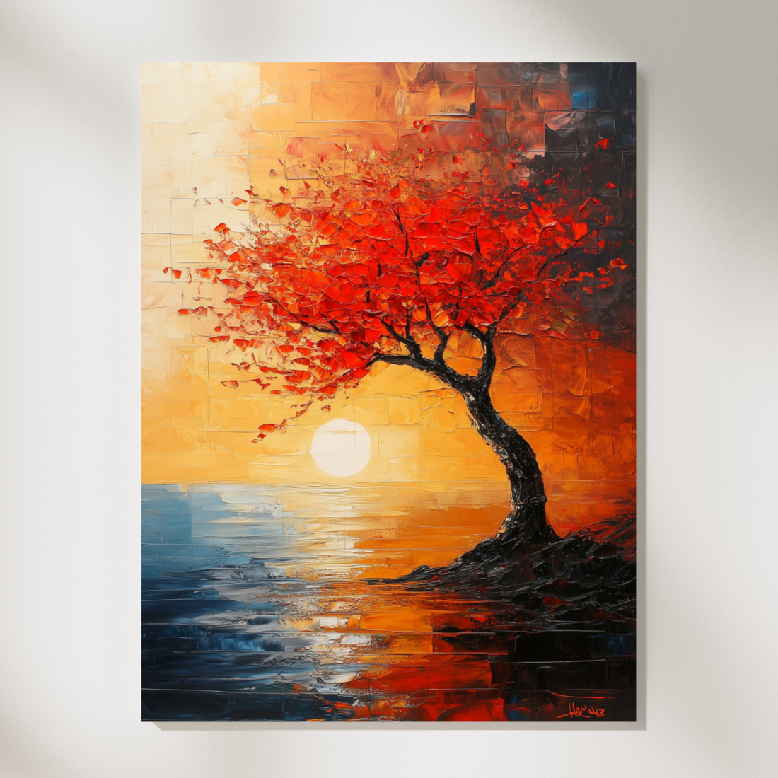 Fiery Cloud Tree, Abstract Seascape with Vibrant Red Silhouette at Sunset. High Resolution Digital Download 300 DPI