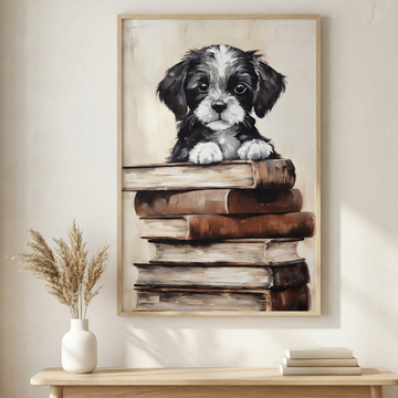 Minimalist Bookworm Pup, Trendy Cartoon Wall Art for Modern Homes. High Resolution Digital Download 300 DPI
