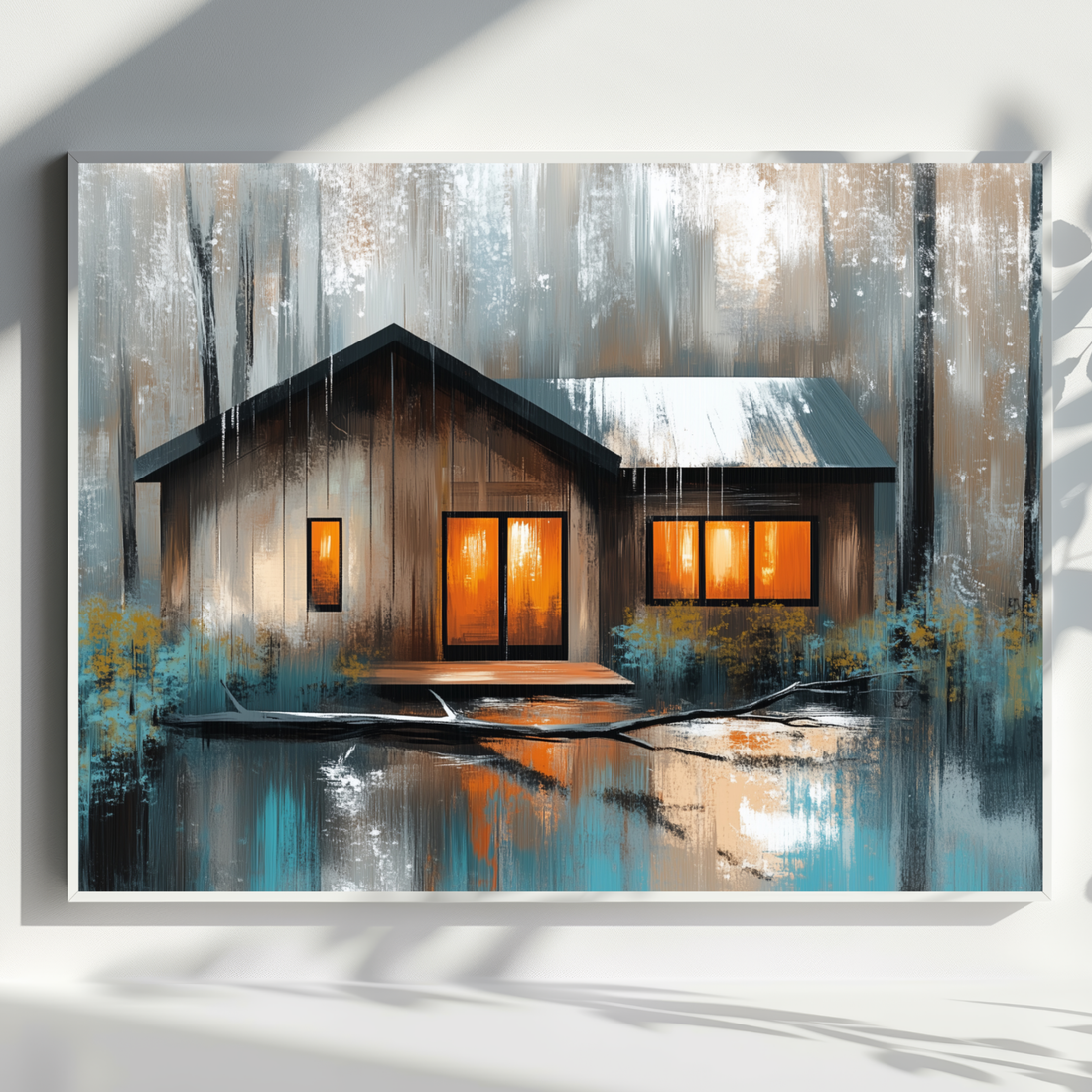 Cozy Woodland Cabin, Stormy Night Illuminated Forest Retreat Art. High Resolution Digital Download 300 DPI.