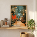 Lantern forest art on a wooden shelf with plants