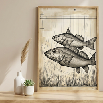 Dynamic Duo, Larger and Smaller Fish Swimming in Grid Patterned Water. High Resolution Digital Download 300 DPI
