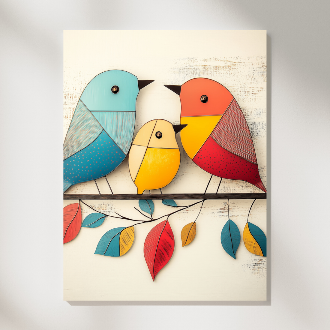 Vintage Charm, 3D Metal Birds on Wire with Colorful Leaves Wall Art. High Resolution Digital Download 300 DPI