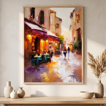Parisian Cafe Dusk Wall Art Warm Lights Vibrant Cinematic Painting. High Resolution Digital Download 300 DPI.