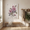 Roses on wood print above a wooden bench