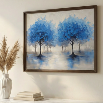 Mystic Reflections, Blue Trees Mirrored in Tranquil Waters Amidst Misty Landscape. High Resolution Digital Download 300 DPI
