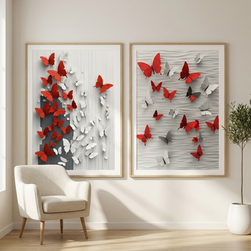 Elegant Butterfly Duo, Red and White Wings on Rustic Wooden Background. High Resolution Digital Download 300 DPI