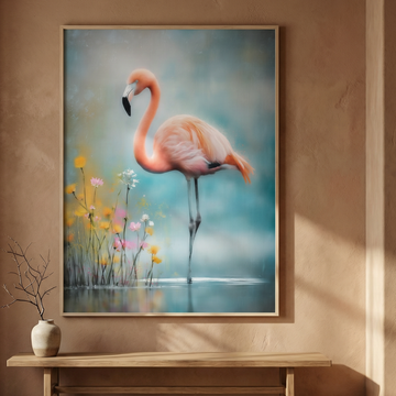 Elegant Flamingo Artwork with Blossoms Floating on Tranquil Water Surface. High Resolution Digital Download 300 DPI.