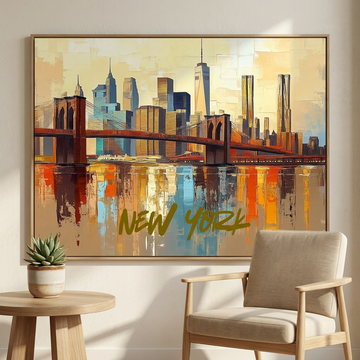 Vibrant NYC Twilight, Modern Brooklyn Bridge Cityscape Abstract Wall Art. High Resolution Digital Download 300 DPI.