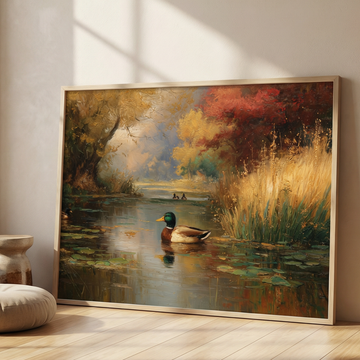 Vibrant Waterfowl Scene Rustic Nature Oil Painting Wall Art. High Resolution Digital Download 300 DPI.
