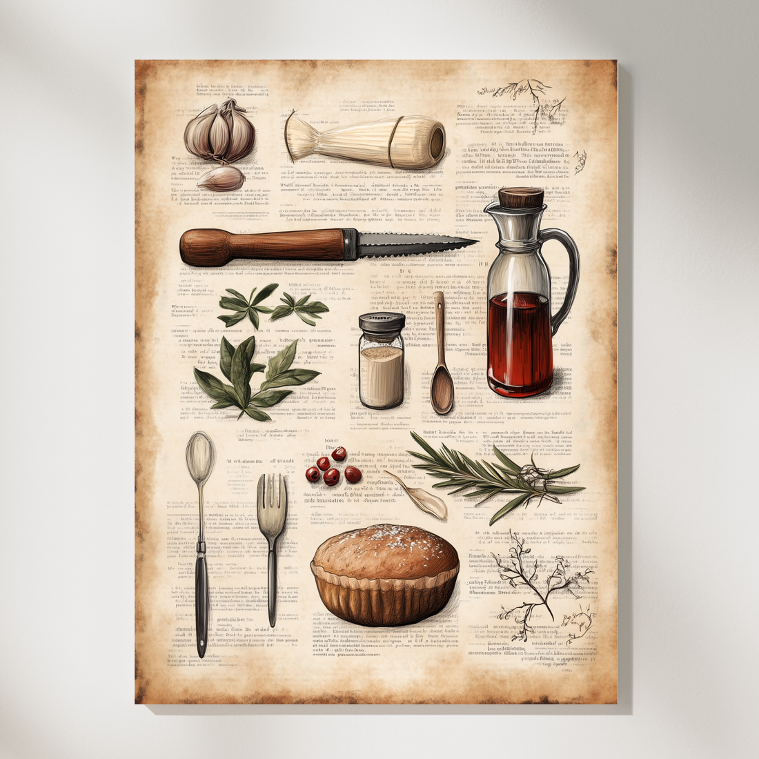 Vintage Baking Ingredients Wall Art Botanical Illustration Aged Book Style. High Resolution Digital Download 300 DPI.
