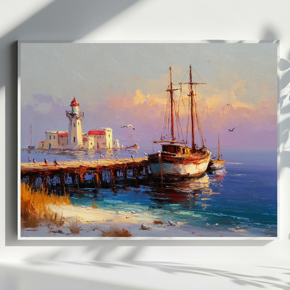 Coastal Harbor Wall Art Sailing Boat Tranquil Morning Watercolor Painting. High Resolution Digital Download 300 DPI.
