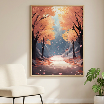 Autumn's Enchanted Path, Vibrant Foliage and Floating Petals in Sunlit Forest. High Resolution Digital Download 300 DPI