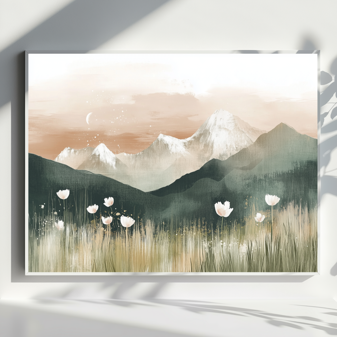 Magical Mountain Landscape Wall Art Green Meadow Poppies Evening Stars. High Resolution Digital Download 300 DPI.