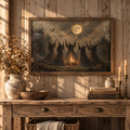 Halloween witches print above a rustic sideboard