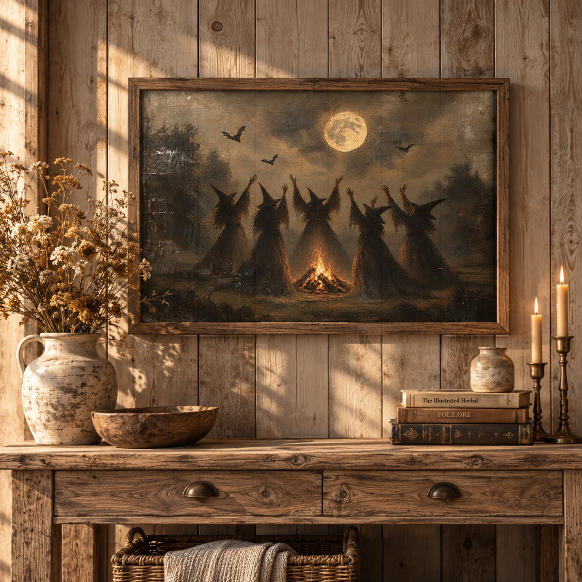 Halloween witches print above a rustic sideboard