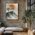 Mountain sunset print on a brick wall