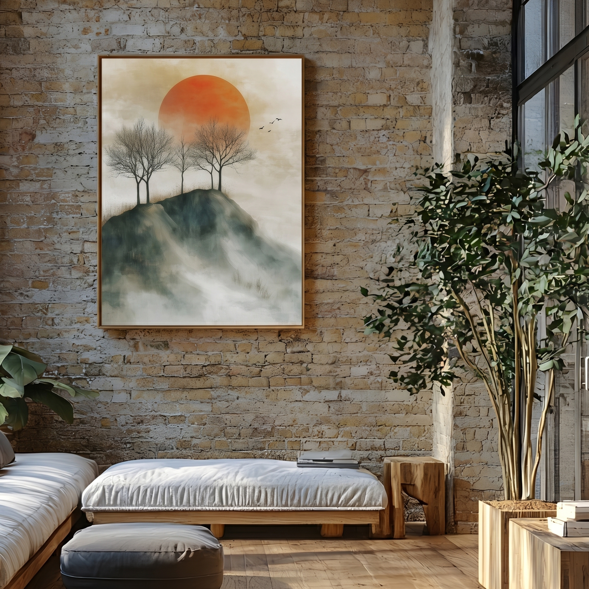 Mountain sunset print on a brick wall