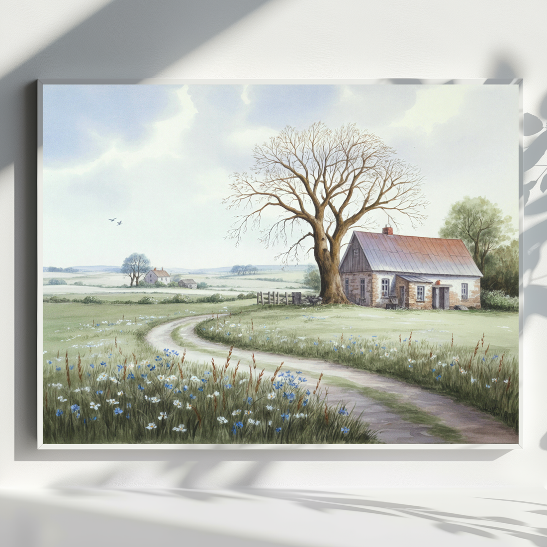 Rustic Countryside Farmhouse Landscape Watercolor Art with Bright Summer Path. High Resolution Digital Download 300 DPI.