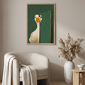 Peeking goose art above a white armchair