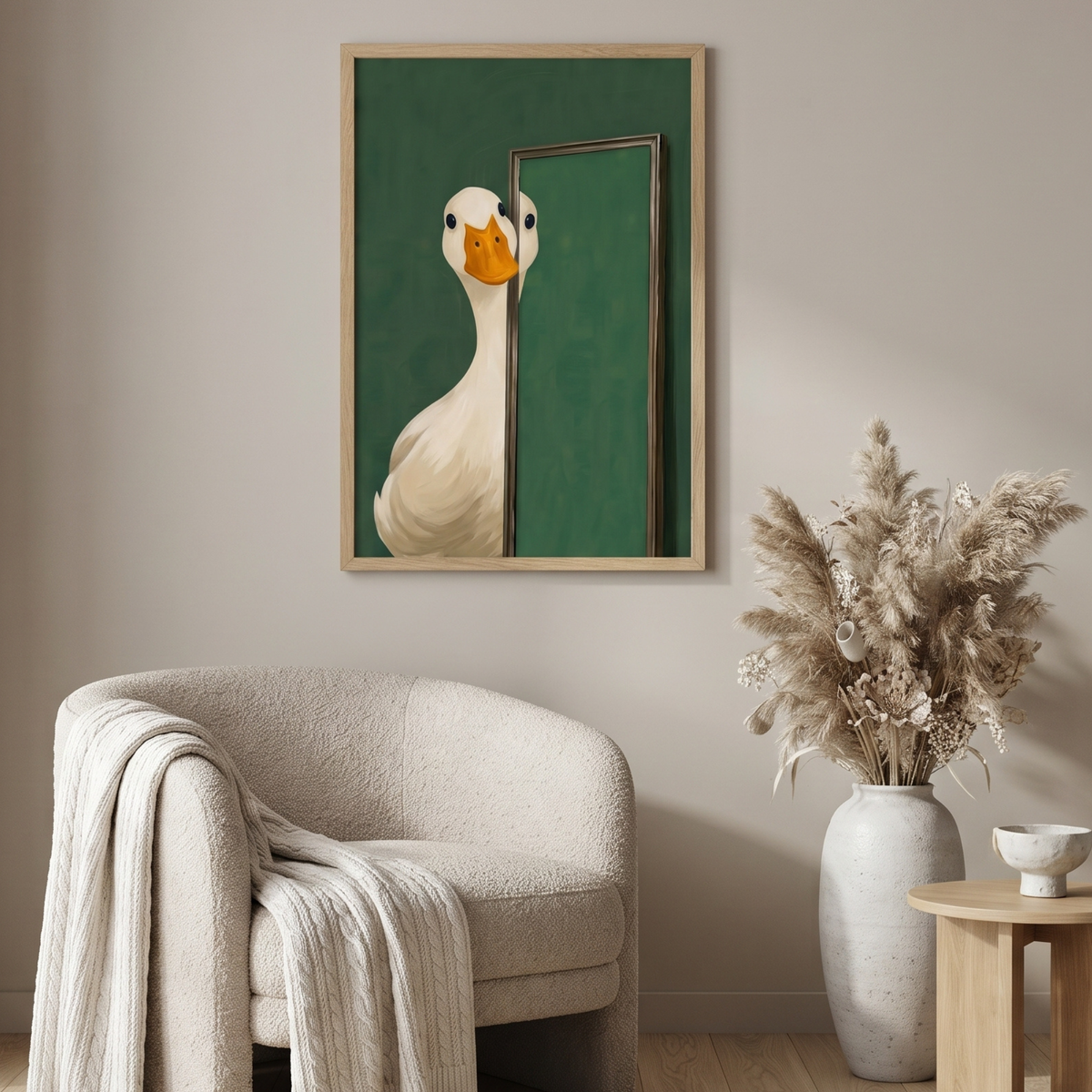 Peeking goose art above a white armchair