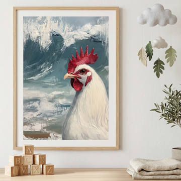 White Chicken Oil Painting, Ocean Waves Farmhouse Animal Wall Art. High Resolution Digital Download 300 DPI.