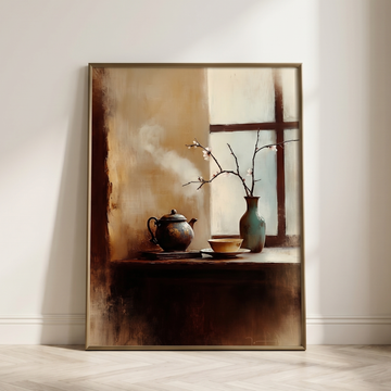 Japanese Desk Tea Set Blossom Wall Art Muted Wet-on-Wet. High Resolution Digital Download 300 DPI.