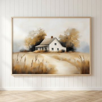 Rustic Autumn Charm, Minimalist Oil Painting of White Farmhouse in Rural Landscape. High Resolution Digital Download 300 DPI