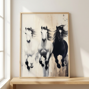 Majestic Trio, White, Black, and Gray Horses Galloping Across Textured Canvas. High Resolution Digital Download 300 DPI