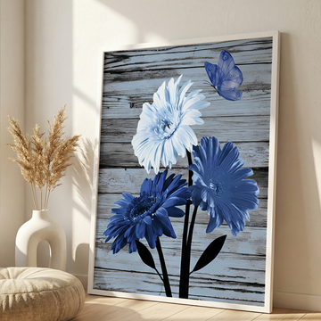 Gerbera Daisy Butterfly Artwork on Rustic Wood Background Modern Decor Print. High Resolution Digital Download 300 DPI.