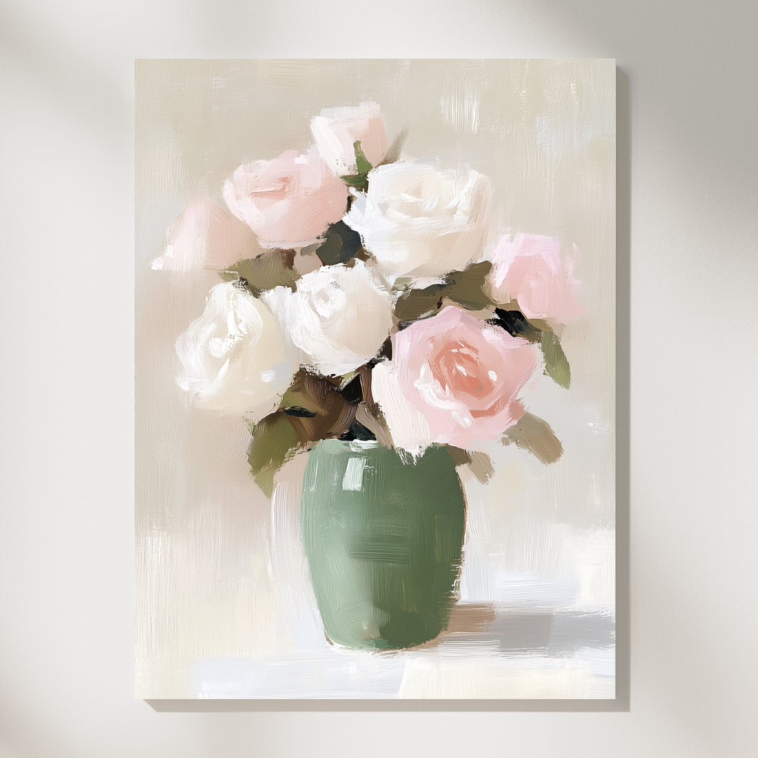 Pastel Pink White Roses Oil Painting Green Vase Minimalist Art. High Resolution Digital Download 300 DPI.