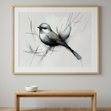 Charming Songbird, Gray Bird with Red Beak on Abstract Brushwork Background. High Resolution Digital Download 300 DPI