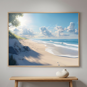 Sun Kissed Shores, Vibrant Realistic Beach Scene Coastal Wall Art Print. High Resolution Digital Download 300 DPI.