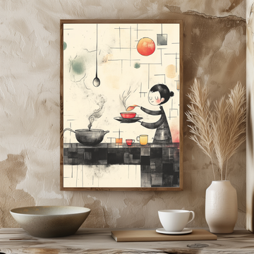 Culinary Fusion, Young Chef Amidst Retro Geometric Kitchen Vibes. High Resolution Digital Download 300 DPI