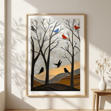 Winter's Silhouette, Bare Trees and Birds Against Misty Mountain Backdrop. High Resolution Digital Download 300 DPI
