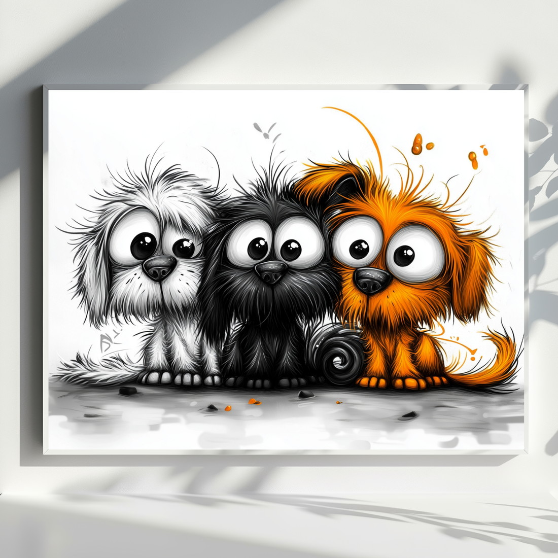 Quirky Puppy Quartet, Whimsical Wall Art with Colorful, Mischievous Canine Characters. High Resolution Digital Download 300 DPI.