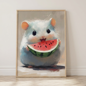 Whimsical Watermelon Feast, Cute Hamster Oil Painting Print. High Resolution Digital Download 300 DPI.