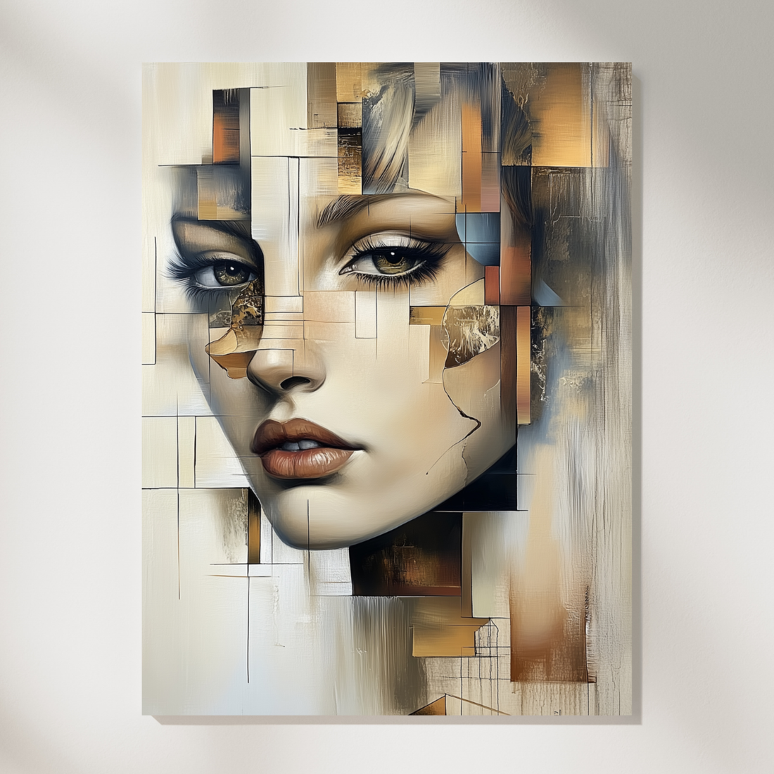Abstract Geometric Gold Female Face Painting, Neutral Metallic Wall Art. High Resolution Digital Download 300 DPI.