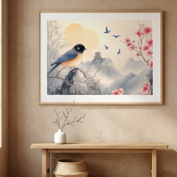 Avian Paradise, Elegant Bird Amidst Vibrant Flora and Soaring Companions. High Resolution Digital Download 300 DPI